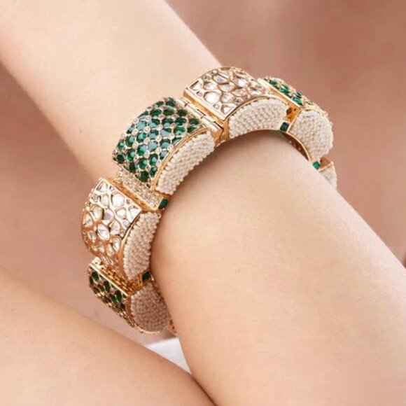 Kundan Polki Kada Bangle | Green Meenakari Indian Wedding Bracelet - Picture 1 of 2